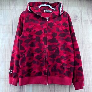 A Bathing Ape BAPE Color Camo Shark Full Zip Hoodie Red Burgundy 2XL 100% Cotton